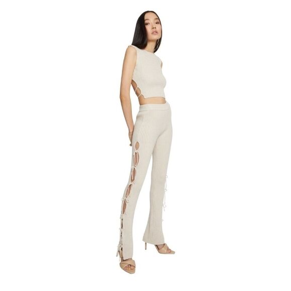 Guizio Cashmere Ribbed Knit Tie Pants and Cropped Top Small Oatmeal Revolve - Picture 9 of 16